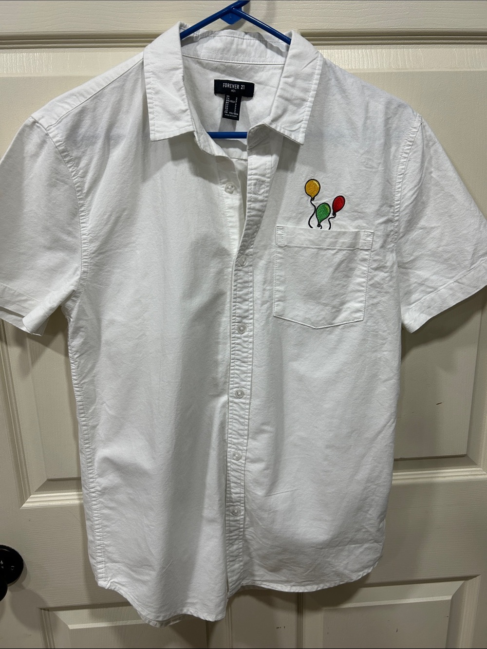 Forever 21 White Short-Sleeve Button-Up Shirt with Balloon Embroidery